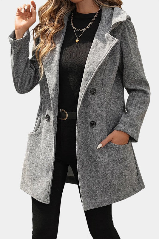 Women’s Hooded Coat – Double-Breasted Knee-Length Coat with Lapel Collar