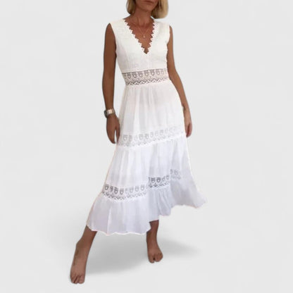 Women’s Lace-Trim Midi Dress – Sleeveless V-Neck Style for Summer Events