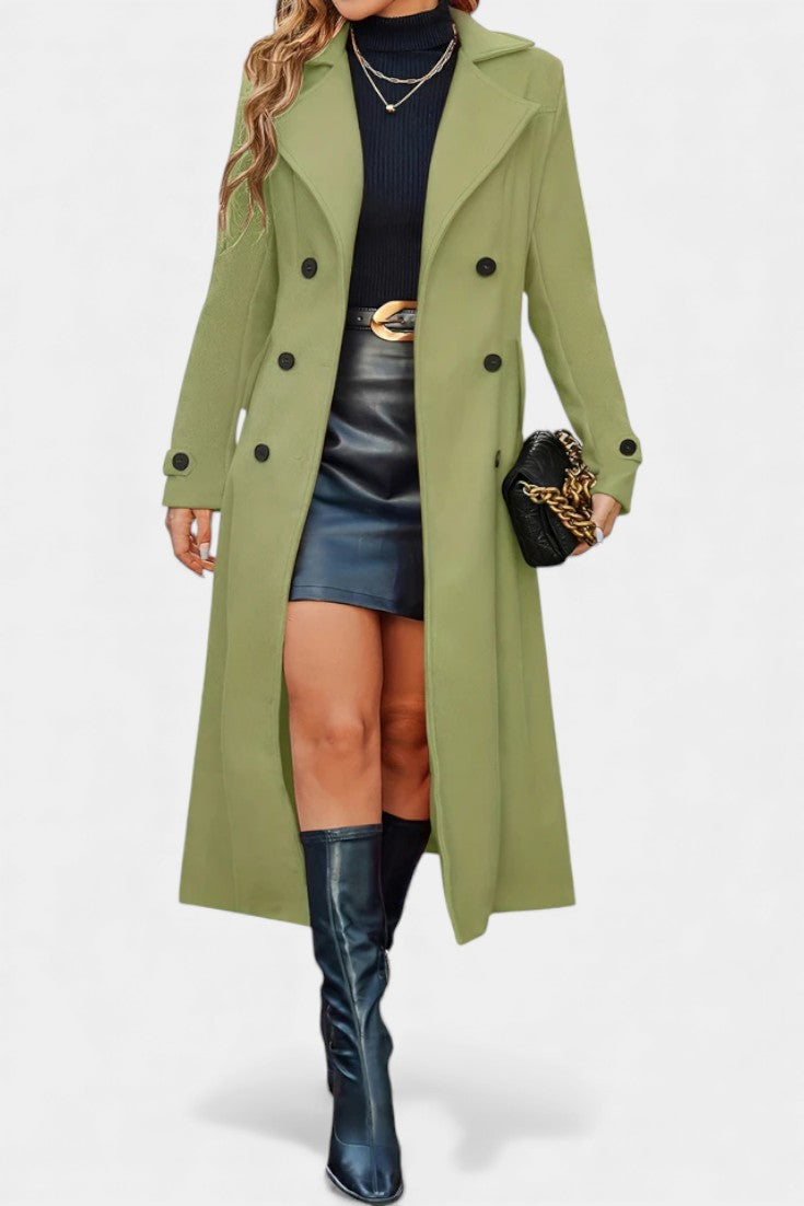 Women’s Long Coat – Double-Breasted Calf-Length Coat with Notch Collar