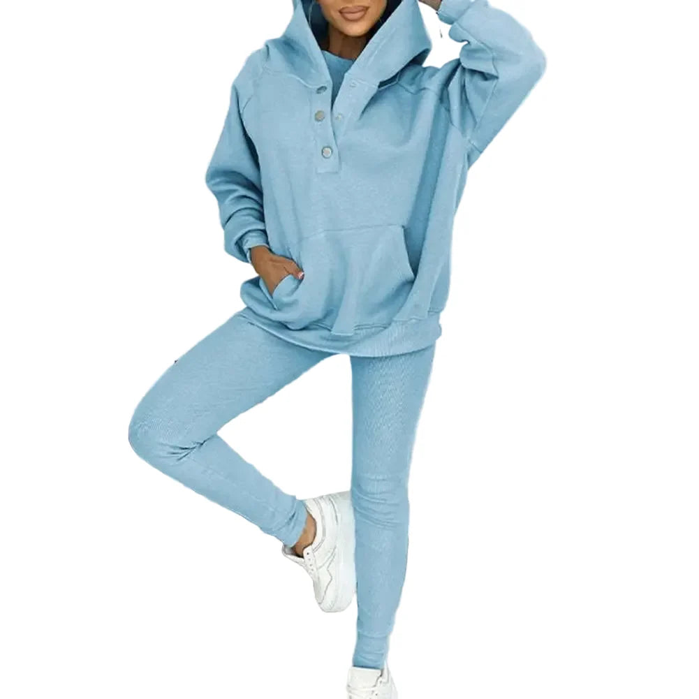 Women’s Three-Piece Lounge Set – Asymmetric Hooded Jacket with Tank Top and Slim Trousers for Casual Streetwear