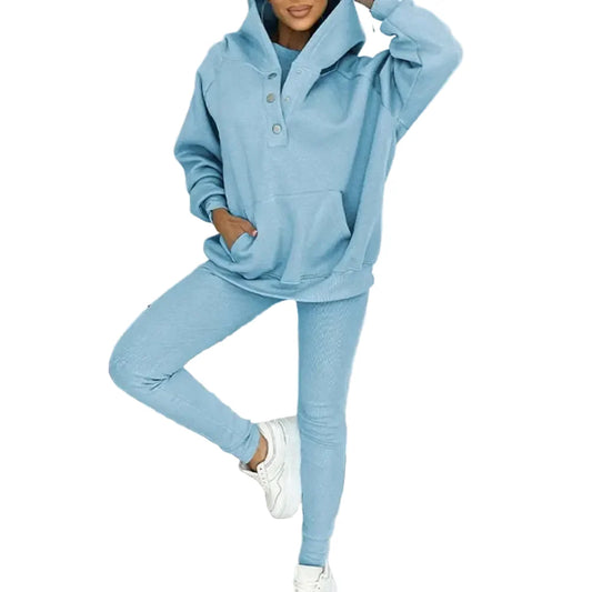 Women’s Three-Piece Lounge Set – Asymmetric Hooded Jacket with Tank Top and Slim Trousers for Casual Streetwear