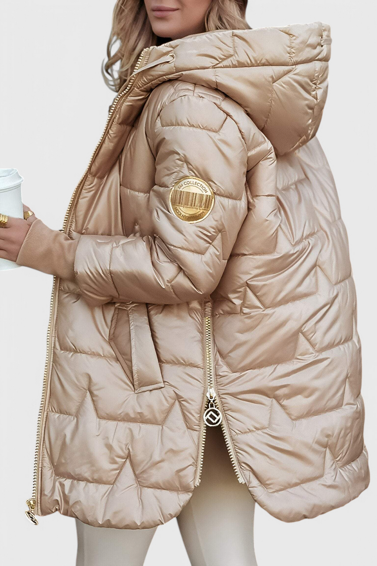 Women’s Long Quilted Jacket – Hooded Padded Coat with Ribbed Cuffs