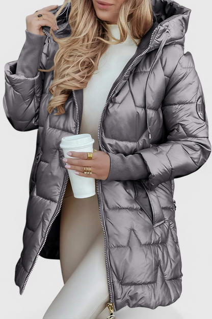 Women’s Long Quilted Jacket – Hooded Padded Coat with Ribbed Cuffs
