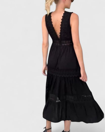 Women’s Lace-Trim Midi Dress – Sleeveless V-Neck Style for Summer Events
