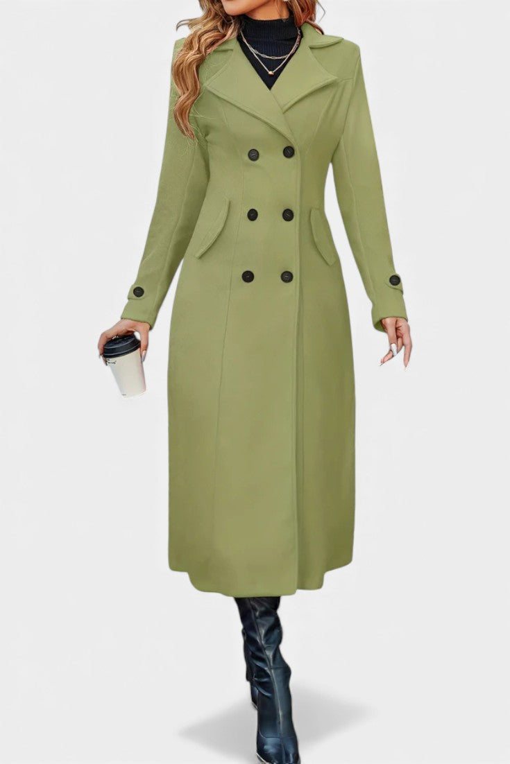 Women’s Long Coat – Double-Breasted Calf-Length Coat with Notch Collar