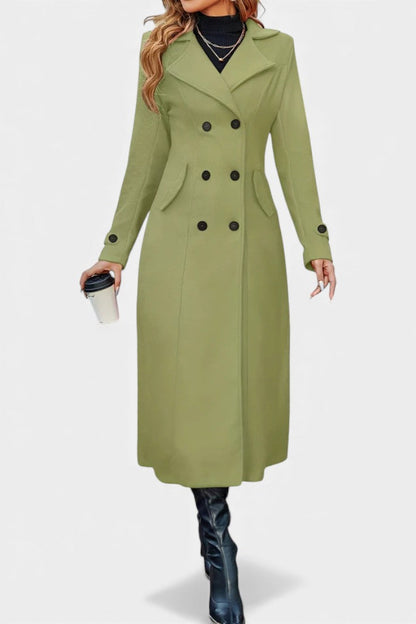 Women’s Long Coat – Double-Breasted Calf-Length Coat with Notch Collar