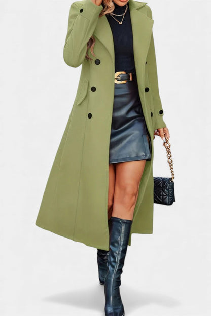 Women’s Long Coat – Double-Breasted Calf-Length Coat with Notch Collar