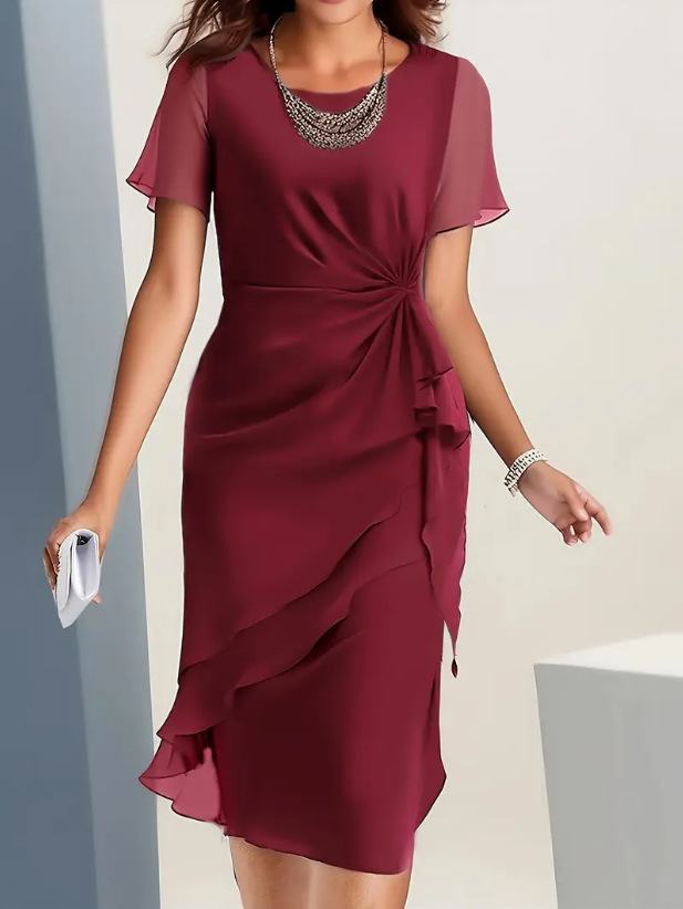 Women’s Ruched Ruffle Midi Cocktail Dress – Elegant Wedding Guest Style for Evening Events