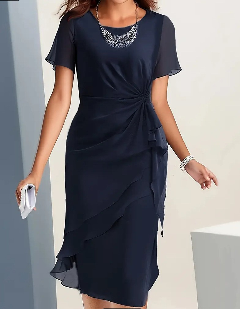 Women’s Ruched Ruffle Midi Cocktail Dress – Elegant Wedding Guest Style for Evening Events