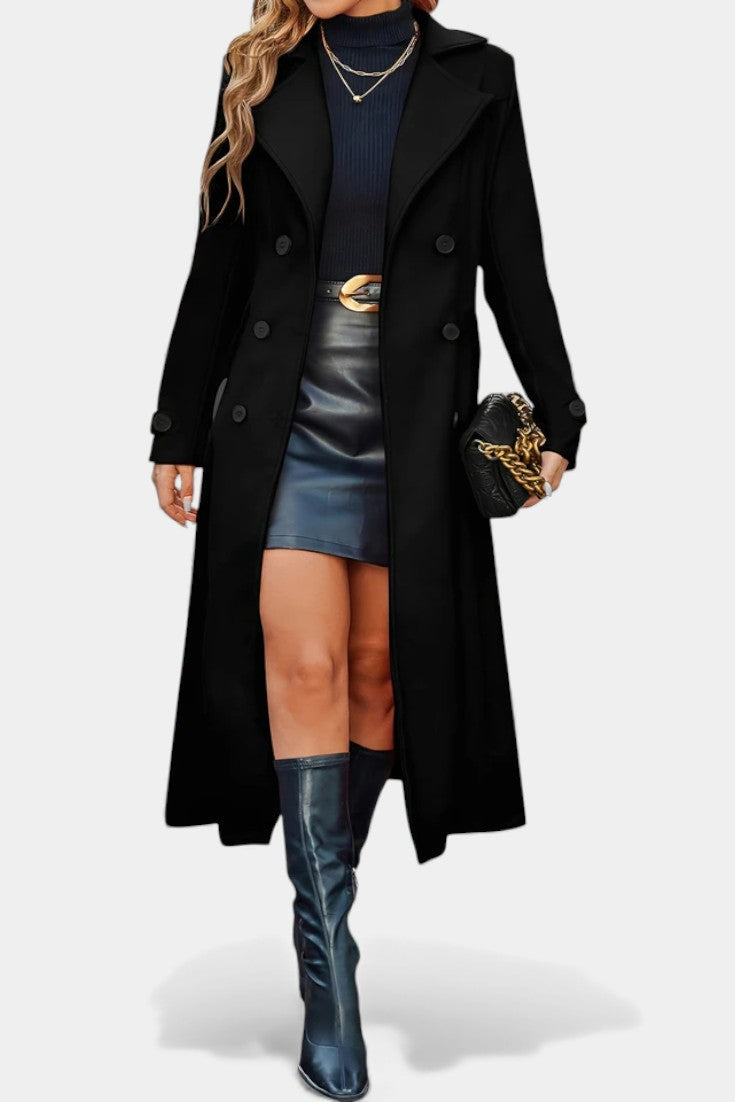 Women’s Long Coat – Double-Breasted Calf-Length Coat with Notch Collar