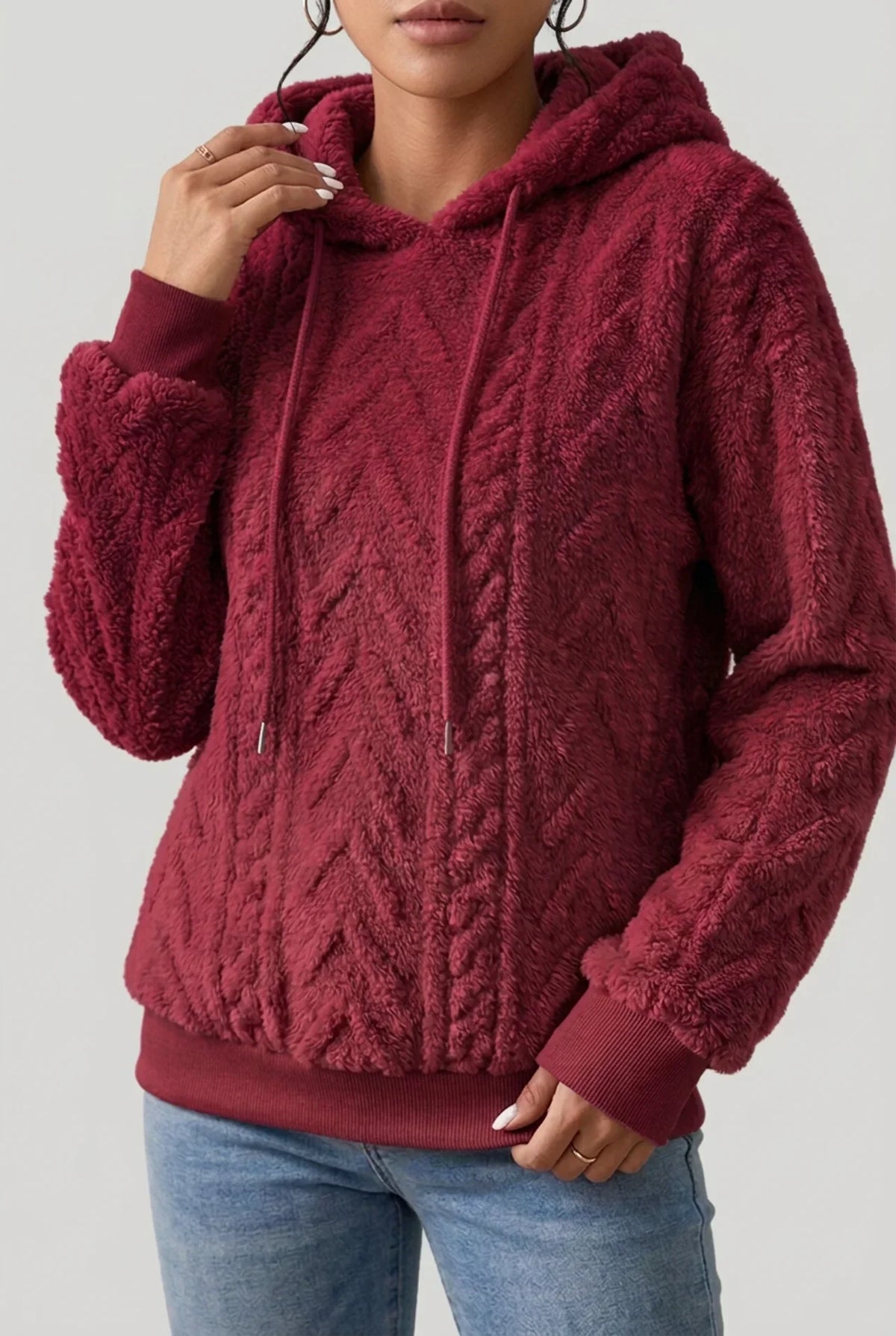 Women’s Hoodie – Cable-Knit Plush Hoodie with Drawcord