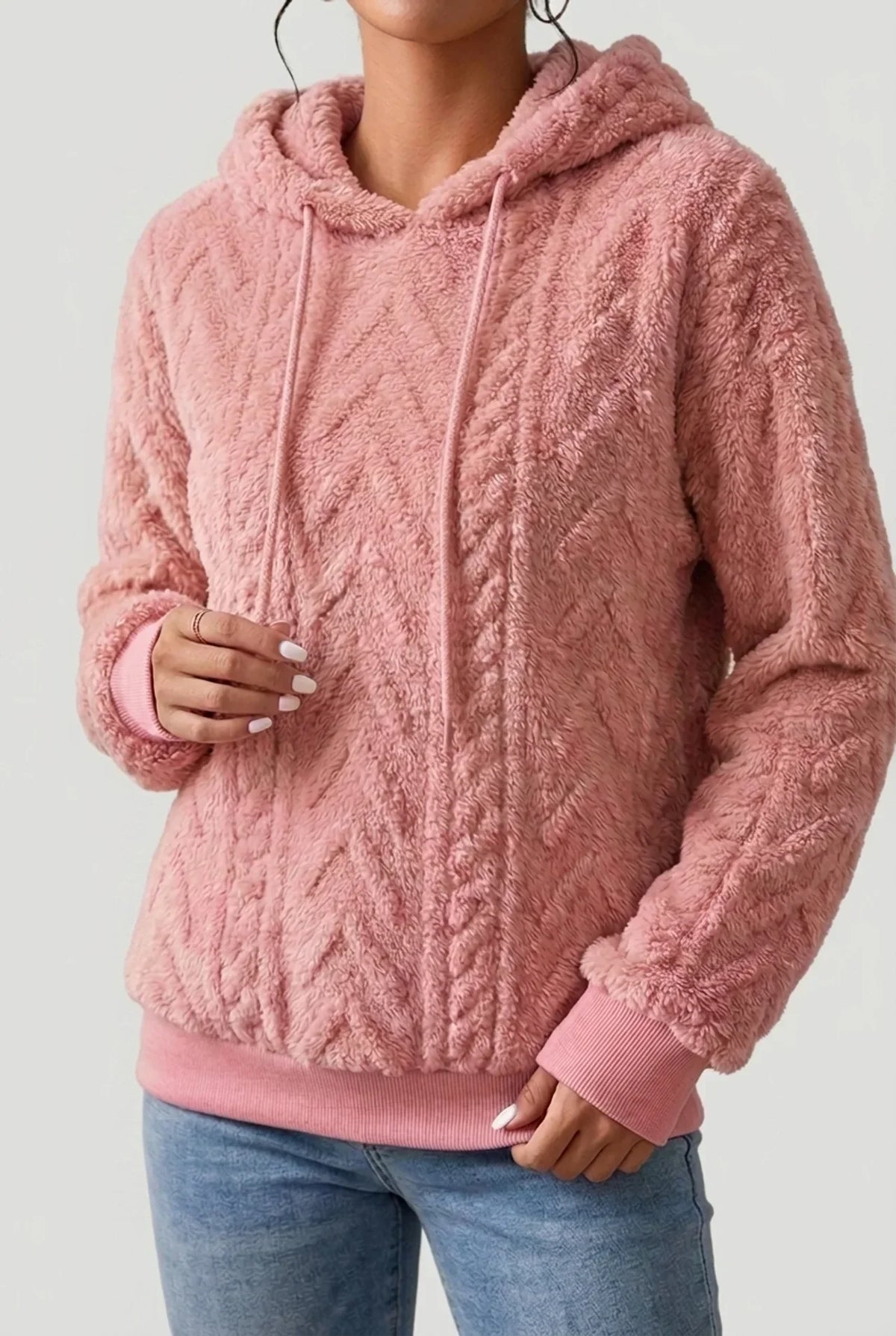 Women’s Hoodie – Cable-Knit Plush Hoodie with Drawcord