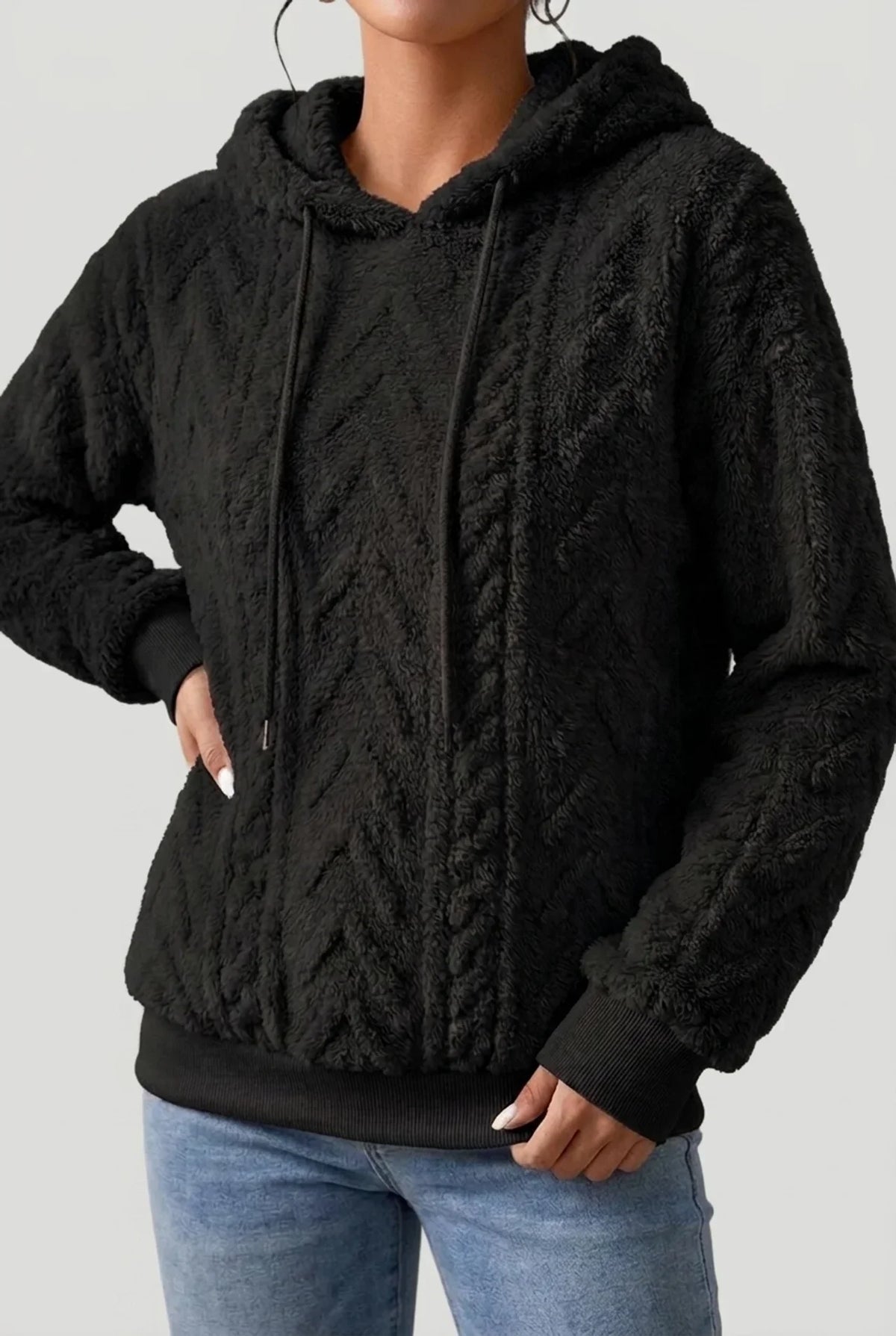 Women’s Hoodie – Cable-Knit Plush Hoodie with Drawcord