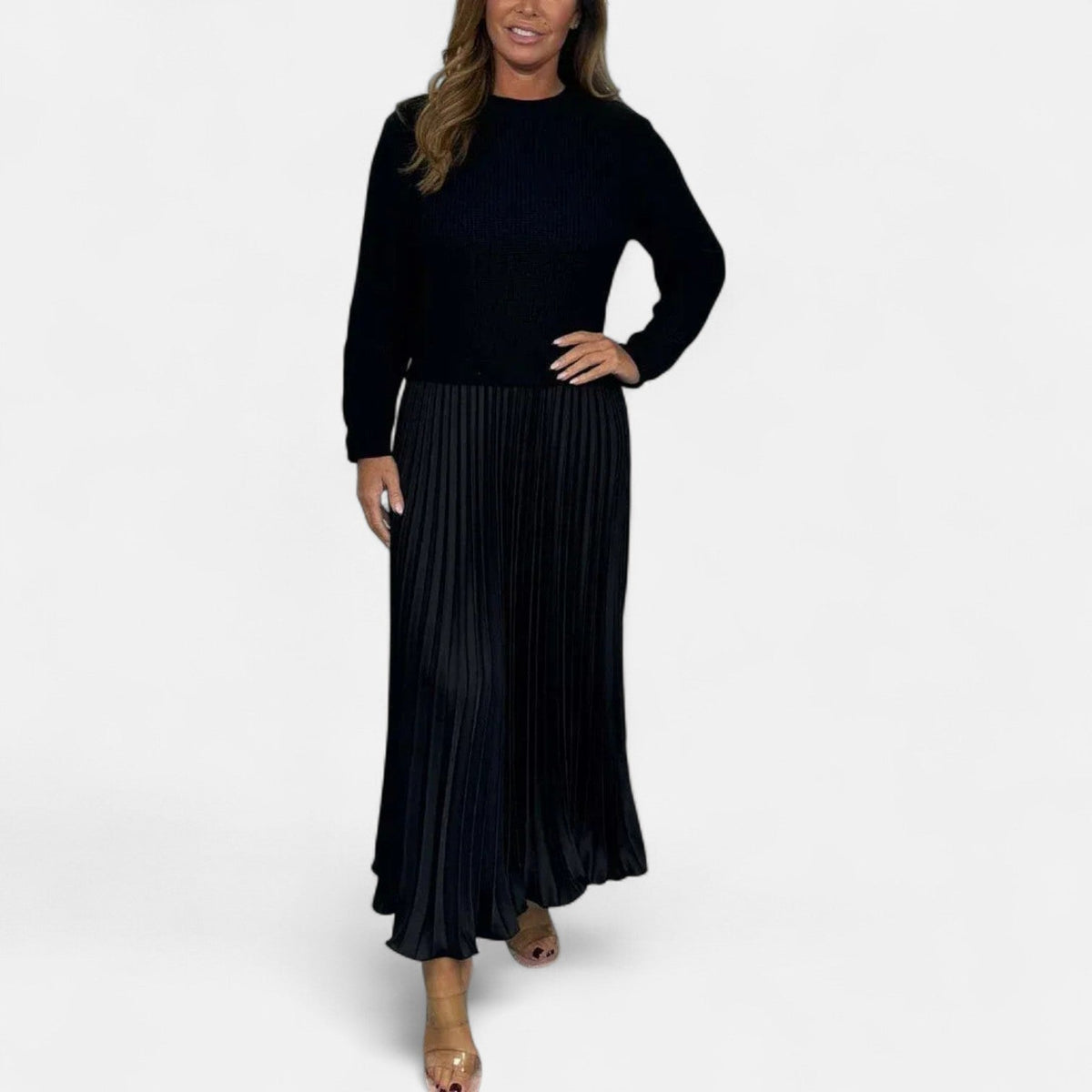 Women’s Jumper Dress – Knitted Maxi Dress with Pleated Skirt