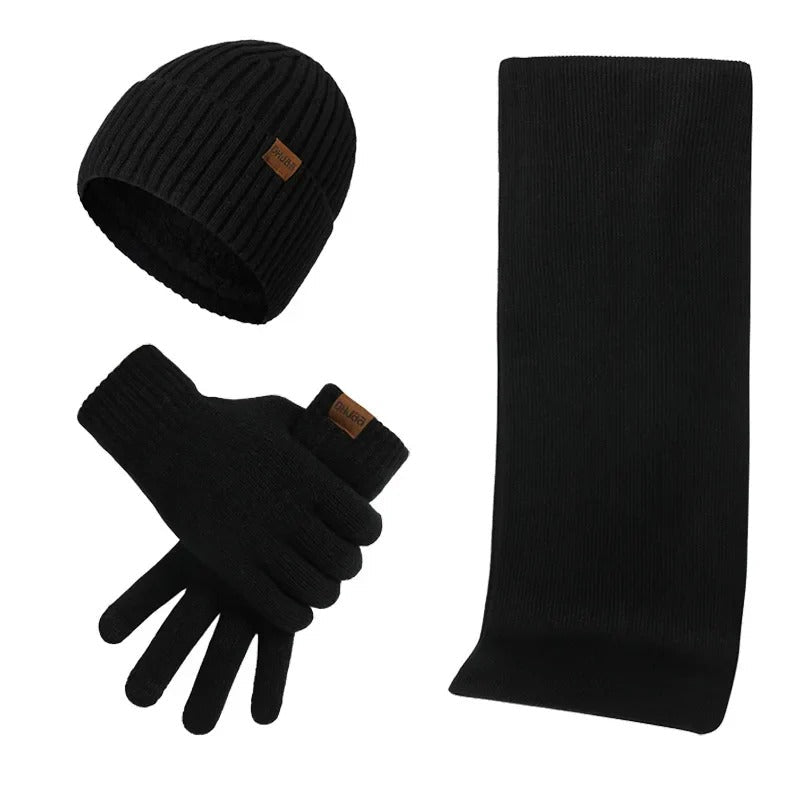 Men’s Knitted Winter Accessory Set – Ribbed Beanie Scarf and Gloves for Cold-Weather Wear