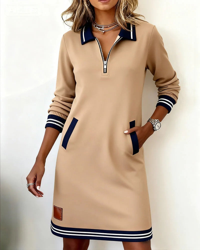 Women’s Midi Dress – Notch Collar with Full-Length Zip and Side Pockets