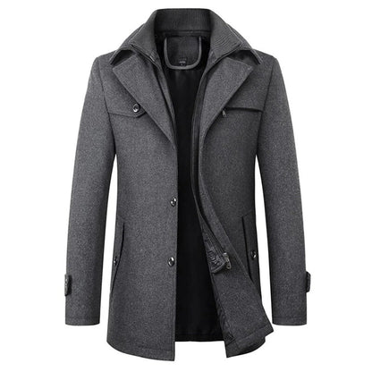 Men’s Wool Winter Coat – Stand-Collar Button-Front Overcoat with Zip Closure and Utility Pockets for Cold-Weather Wear