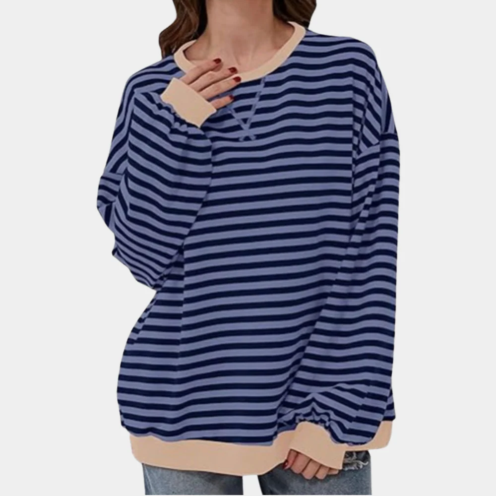 Women’s Oversized Striped Sweatshirt – Crew-Neck Long-Sleeve Pullover with Contrast Ribbed Trims
