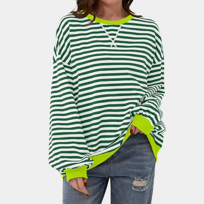 Women’s Oversized Striped Sweatshirt – Crew-Neck Long-Sleeve Pullover with Contrast Ribbed Trims