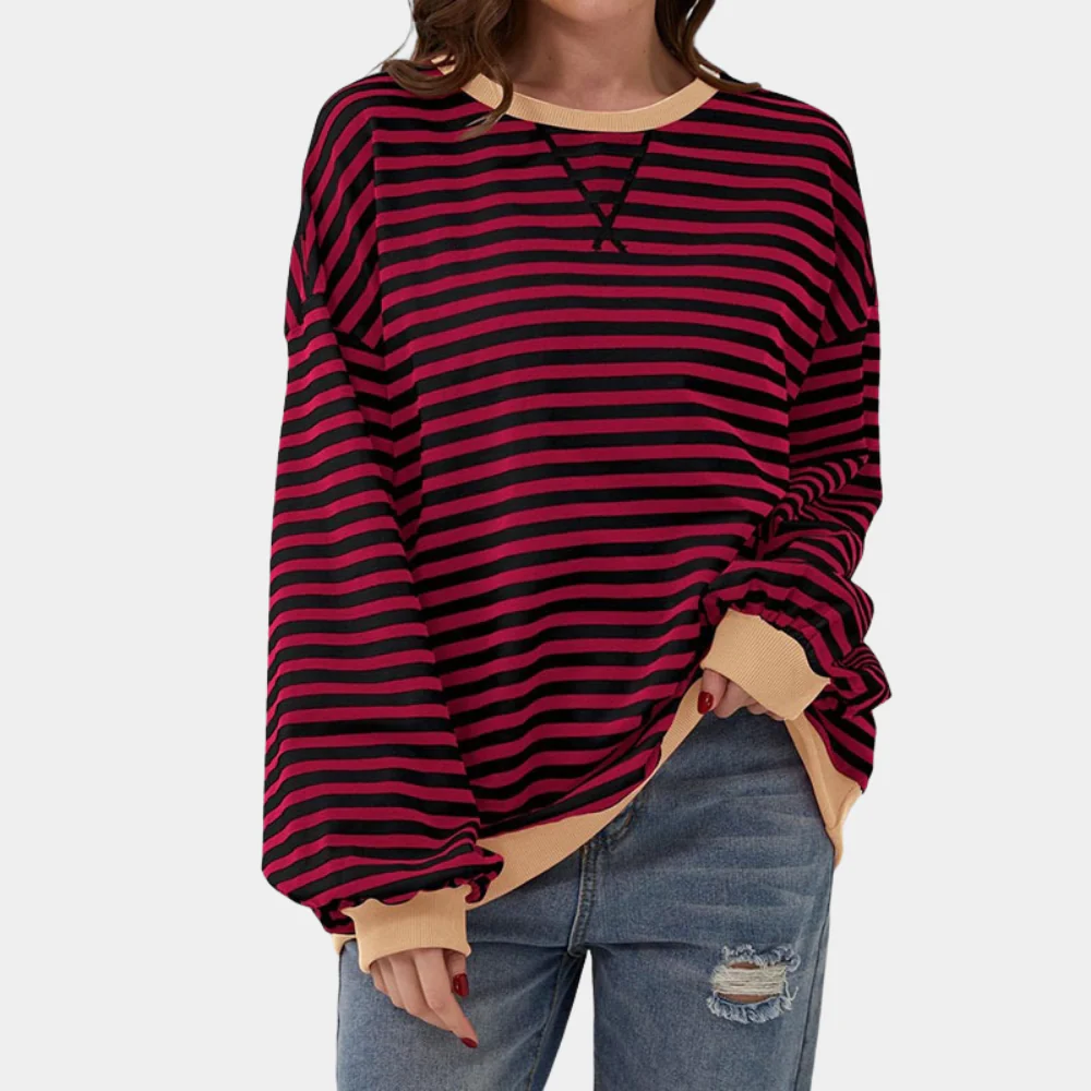 Women’s Oversized Striped Sweatshirt – Crew-Neck Long-Sleeve Pullover with Contrast Ribbed Trims
