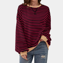 Women’s Oversized Striped Sweatshirt – Crew-Neck Long-Sleeve Pullover with Contrast Ribbed Trims
