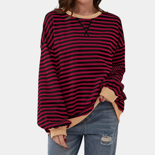Women’s Oversized Striped Sweatshirt – Crew-Neck Long-Sleeve Pullover with Contrast Ribbed Trims