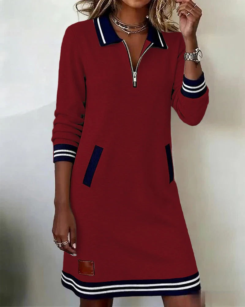 Women’s Midi Dress – Notch Collar with Full-Length Zip and Side Pockets