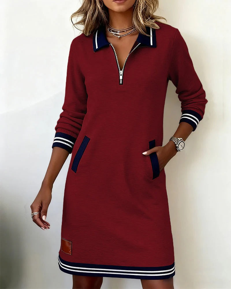 Women’s Midi Dress – Notch Collar with Full-Length Zip and Side Pockets