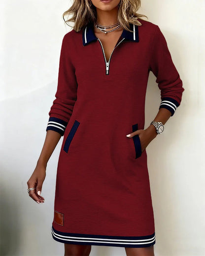 Women’s Midi Dress – Notch Collar with Full-Length Zip and Side Pockets