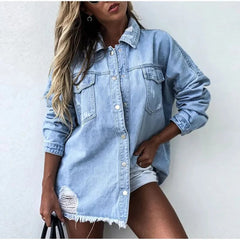 Women’s Oversized Longline Denim Jacket – Distressed Button-Up Shacket with Chest Pockets and Raw Hem