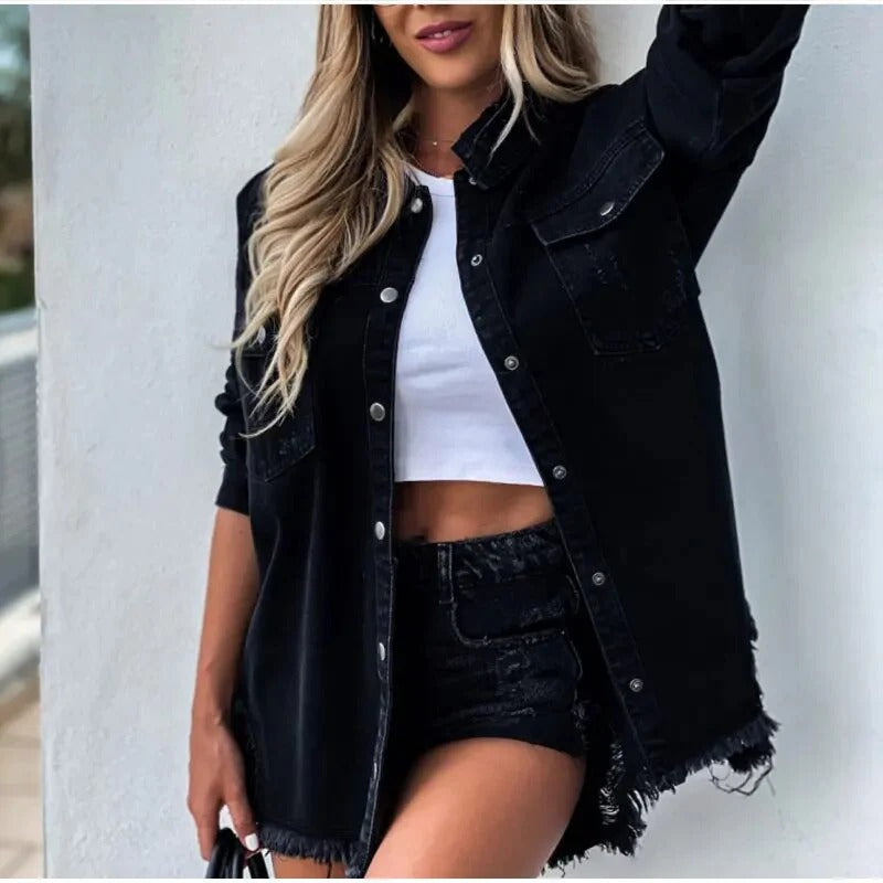 Women’s Oversized Longline Denim Jacket – Distressed Button-Up Shacket with Chest Pockets and Raw Hem