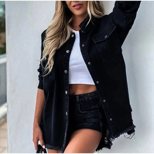 Women’s Oversized Longline Denim Jacket – Distressed Button-Up Shacket with Chest Pockets and Raw Hem