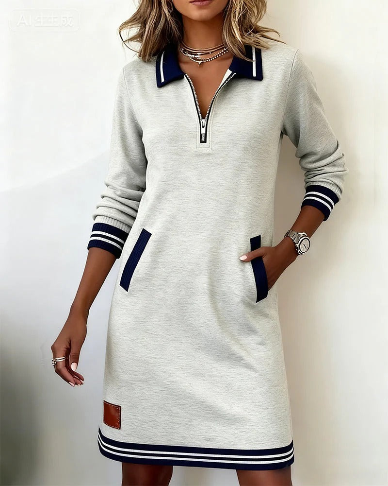 Women’s Midi Dress – Notch Collar with Full-Length Zip and Side Pockets