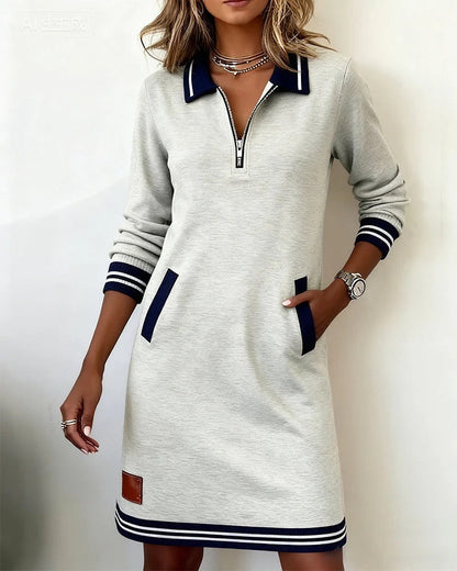 Women’s Midi Dress – Notch Collar with Full-Length Zip and Side Pockets