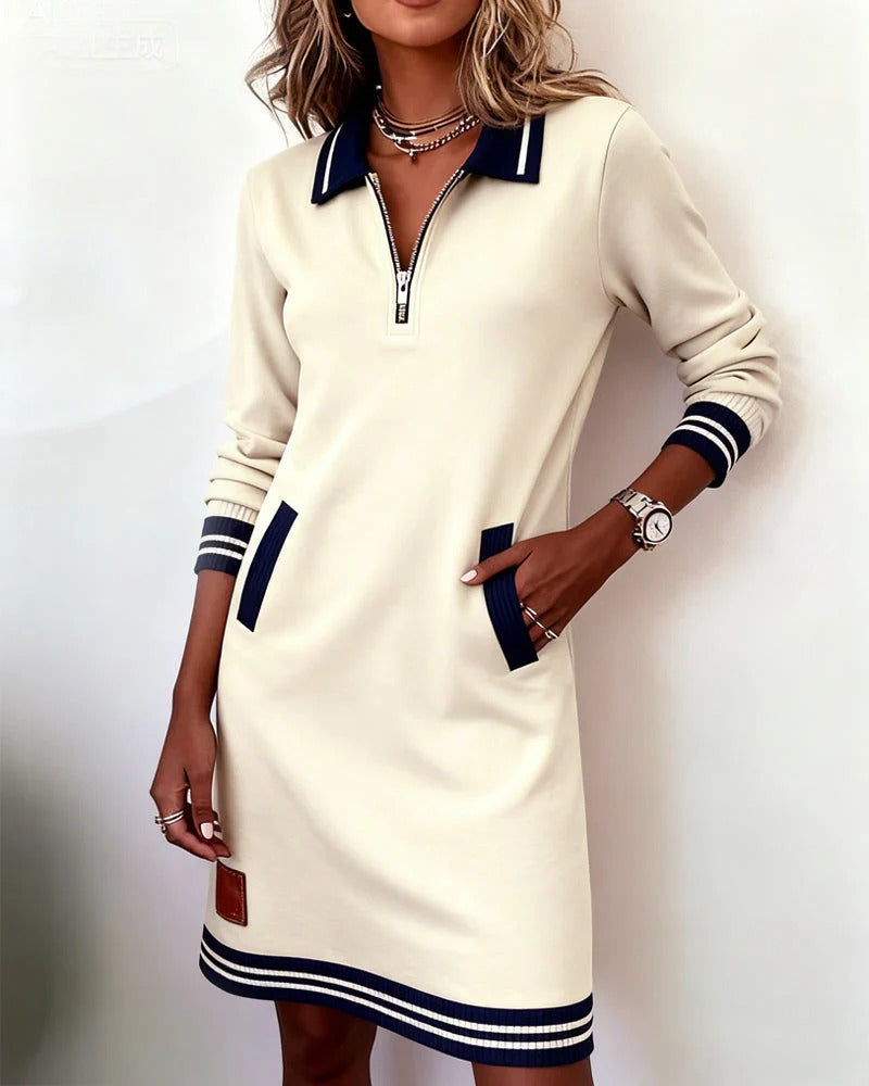 Women’s Midi Dress – Notch Collar with Full-Length Zip and Side Pockets