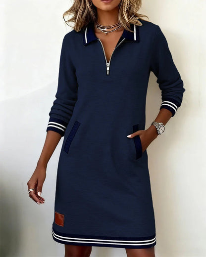 Women’s Midi Dress – Notch Collar with Full-Length Zip and Side Pockets