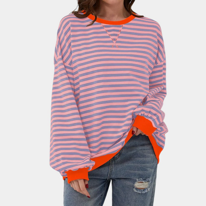Women’s Oversized Striped Sweatshirt – Crew-Neck Long-Sleeve Pullover with Contrast Ribbed Trims