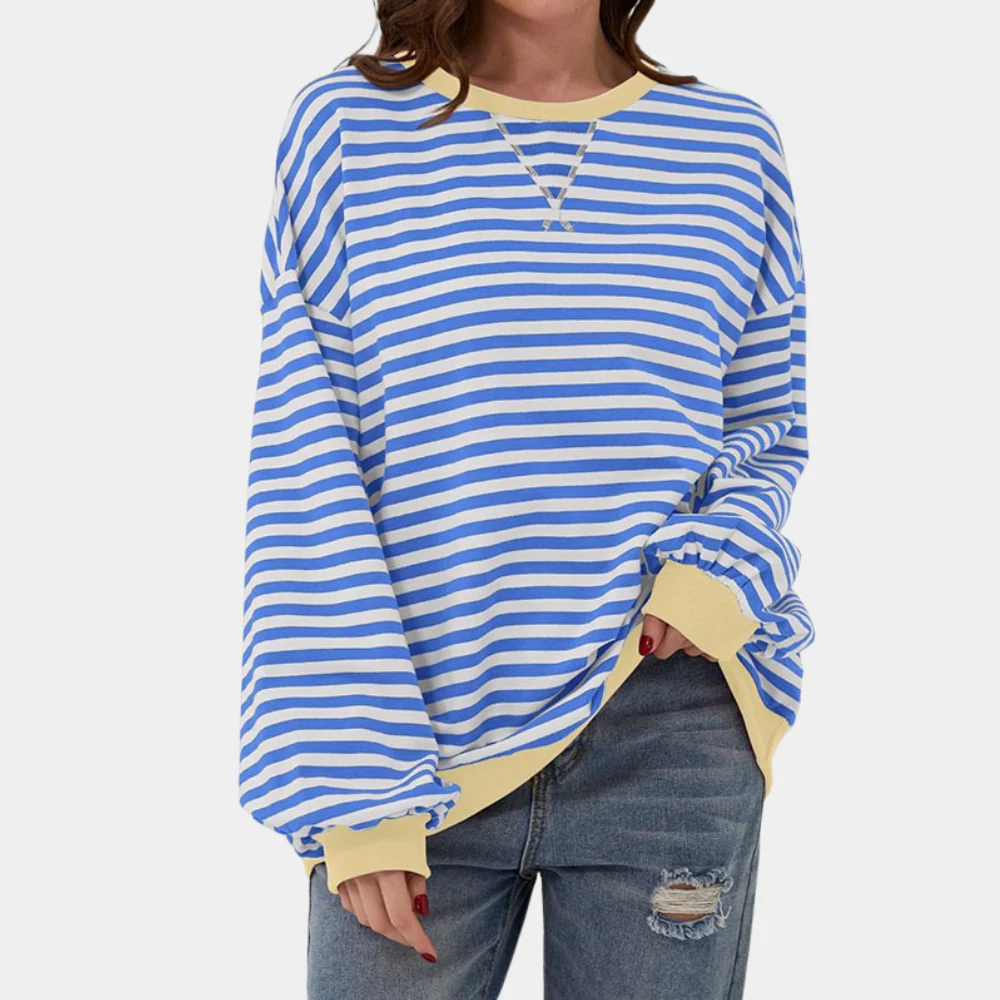 Women’s Oversized Striped Sweatshirt – Crew-Neck Long-Sleeve Pullover with Contrast Ribbed Trims