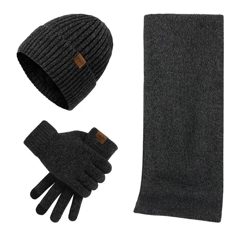 Men’s Knitted Winter Accessory Set – Ribbed Beanie Scarf and Gloves for Cold-Weather Wear