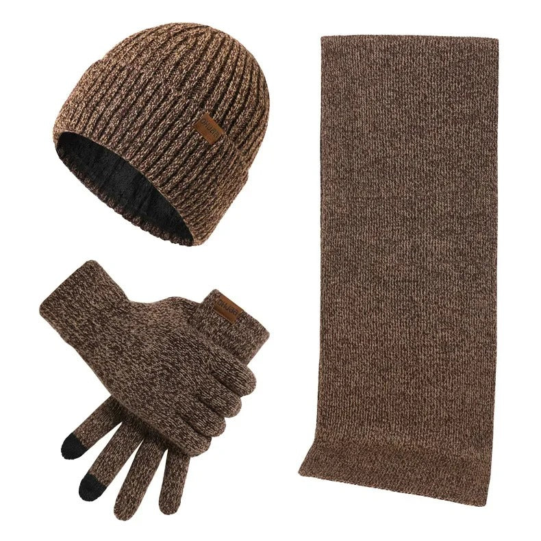 Men’s Knitted Winter Accessory Set – Ribbed Beanie Scarf and Gloves for Cold-Weather Wear
