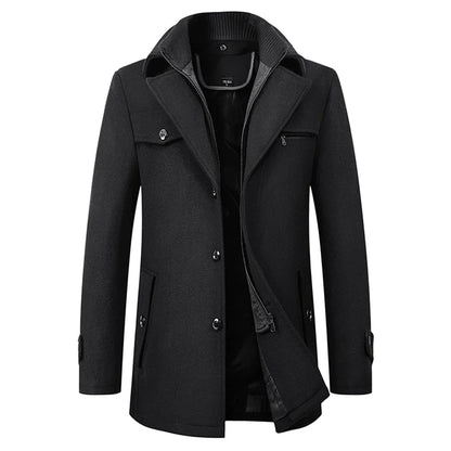 Men’s Wool Winter Coat – Stand-Collar Button-Front Overcoat with Zip Closure and Utility Pockets for Cold-Weather Wear