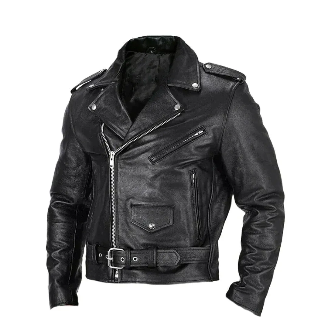 Men’s Leather Biker Jacket – Asymmetric Zip Motorcycle Jacket with Belted Waist and Multiple Zipped Pockets for Casual Wear