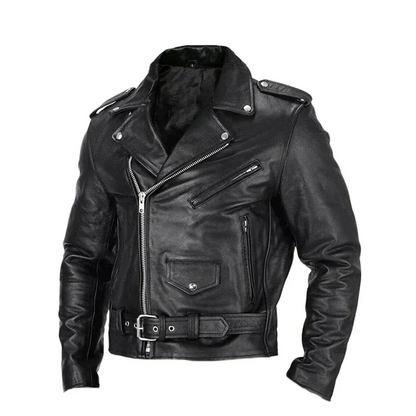 Men’s Leather Biker Jacket – Asymmetric Zip Motorcycle Jacket with Belted Waist and Multiple Zipped Pockets for Casual Wear