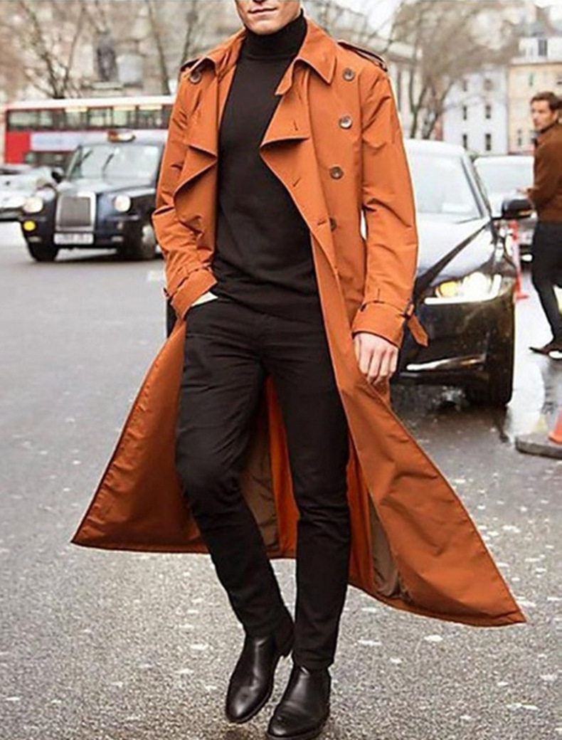 Men’s Longline Double-Breasted Trench Coat – Dramatic Tailored Layer with Epaulettes and Cuff Straps
