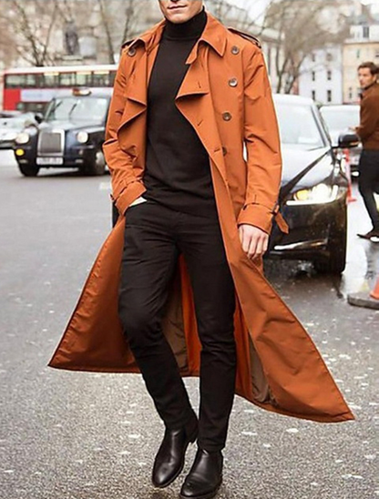 Men’s Longline Double-Breasted Trench Coat – Dramatic Tailored Layer with Epaulettes and Cuff Straps