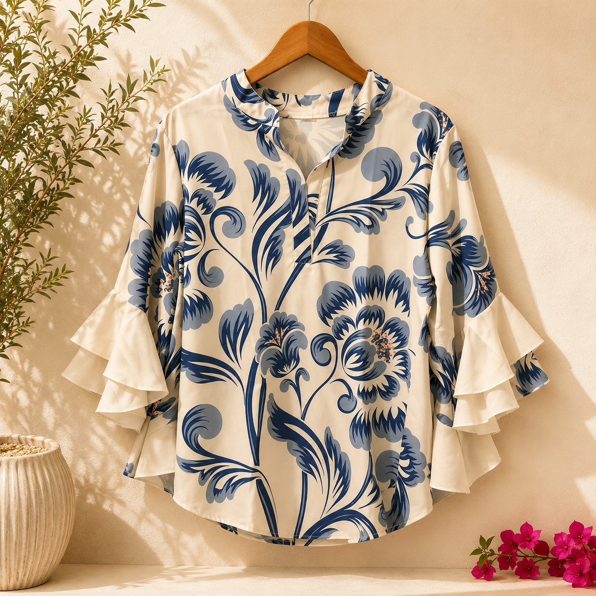 Women’s Printed Ruffle-Sleeve Blouse – Relaxed V-Neck Top for Everyday Styling