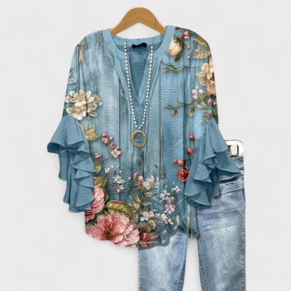 Women’s Printed Ruffle-Sleeve Blouse – Relaxed V-Neck Top for Everyday Styling