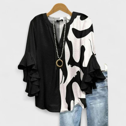 Women’s Printed Ruffle-Sleeve Blouse – Relaxed V-Neck Top for Everyday Styling