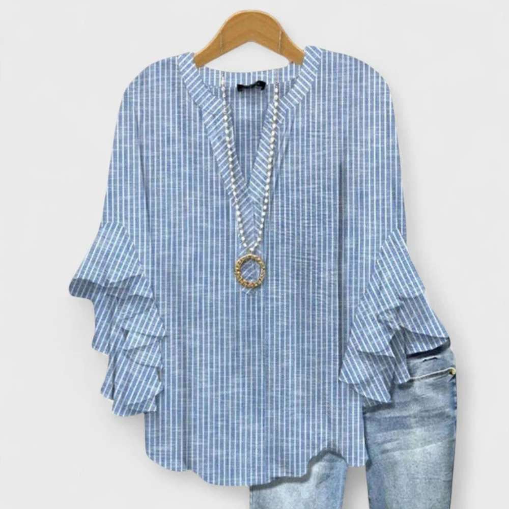 Women’s Printed Ruffle-Sleeve Blouse – Relaxed V-Neck Top for Everyday Styling