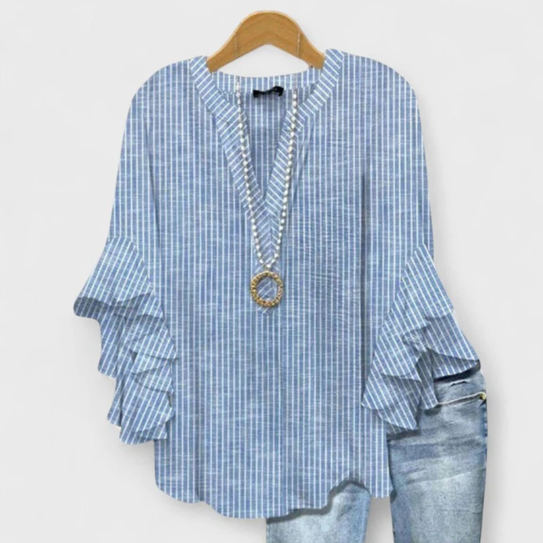 Women’s Printed Ruffle-Sleeve Blouse – Relaxed V-Neck Top for Everyday Styling
